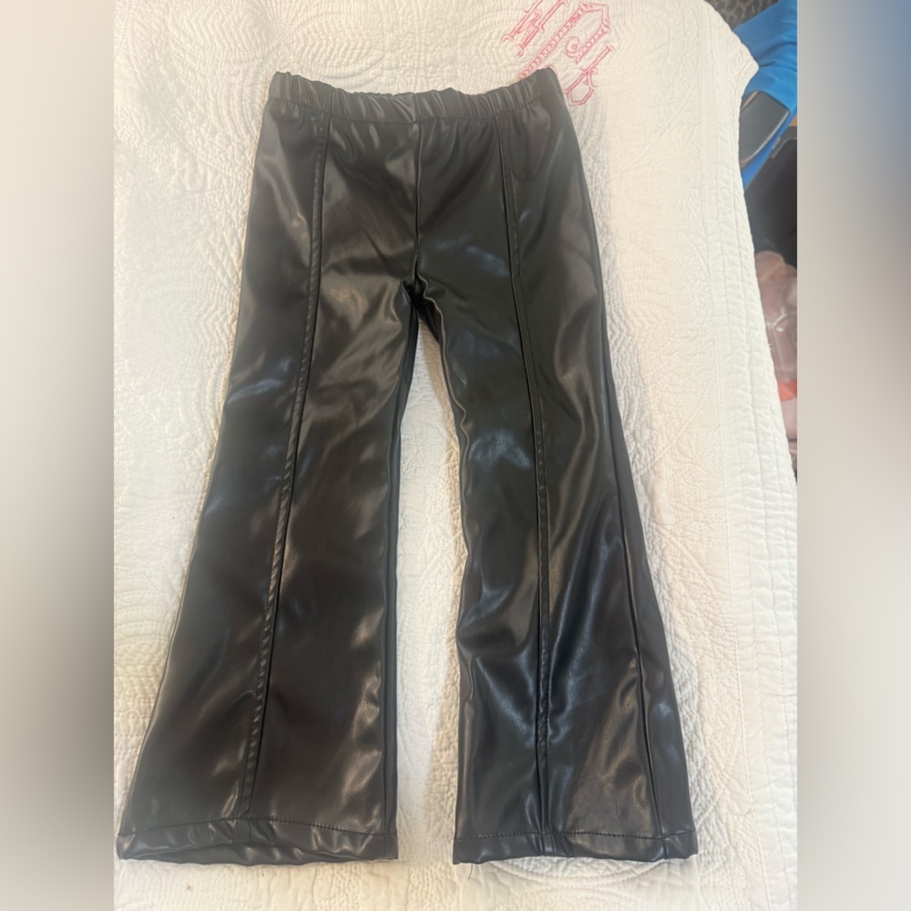 Girls Black Vegan Leather Flare Pants 4T Retro Y2K